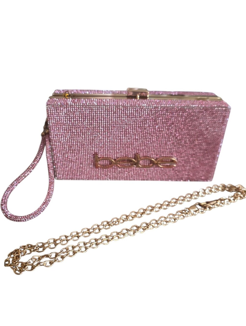 bebe Pink Crystal Box Clutch with Gold Chain & Wristlet